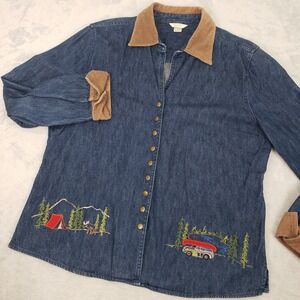 Denim‎ Corduroy Embroidered Camp Christopher & Banks Women Long Sleeve Shirt XL